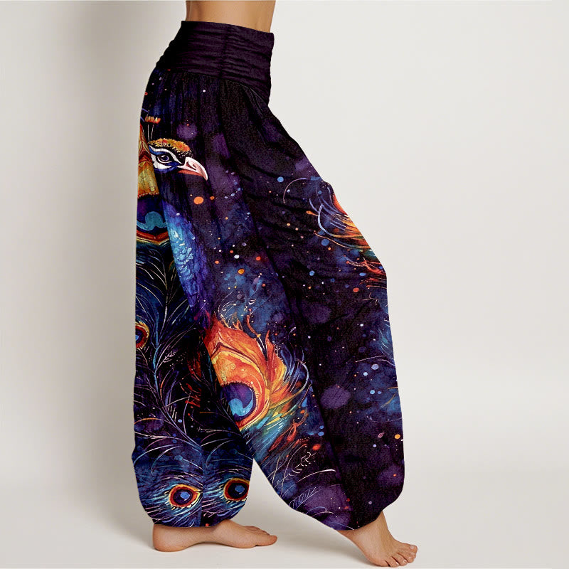 Buddha Stones コットン素材の孔雀と星空柄のレディース用ゴムウエストハーレムパンツ - image 7