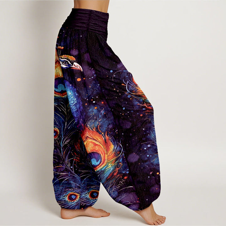 Buddha Stones コットン素材の孔雀と星空柄のレディース用ゴムウエストハーレムパンツ - image 7