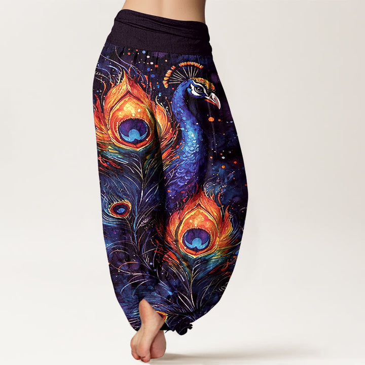 Buddha Stones コットン素材の孔雀と星空柄のレディース用ゴムウエストハーレムパンツ - image 6