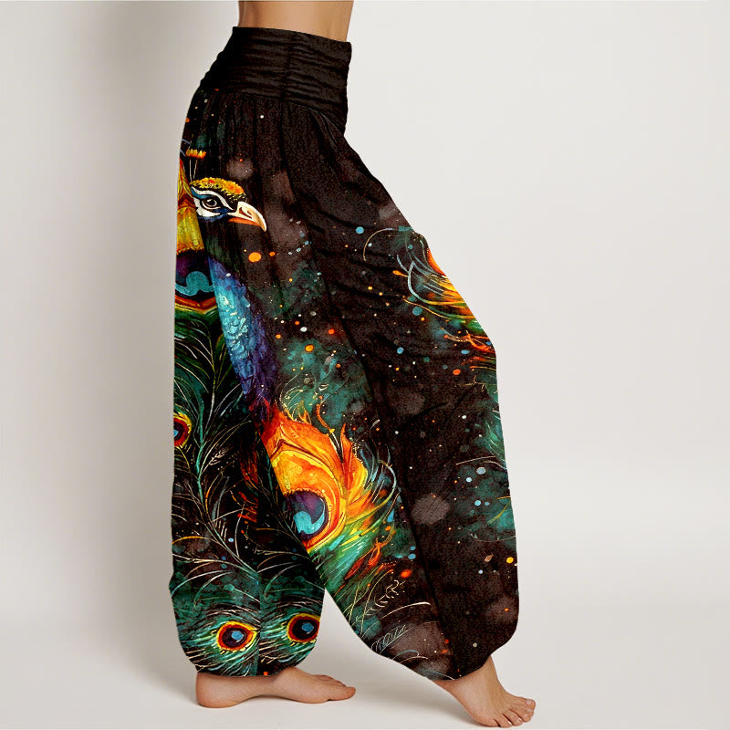 Buddha Stones コットン素材の孔雀と星空柄のレディース用ゴムウエストハーレムパンツ - image 10