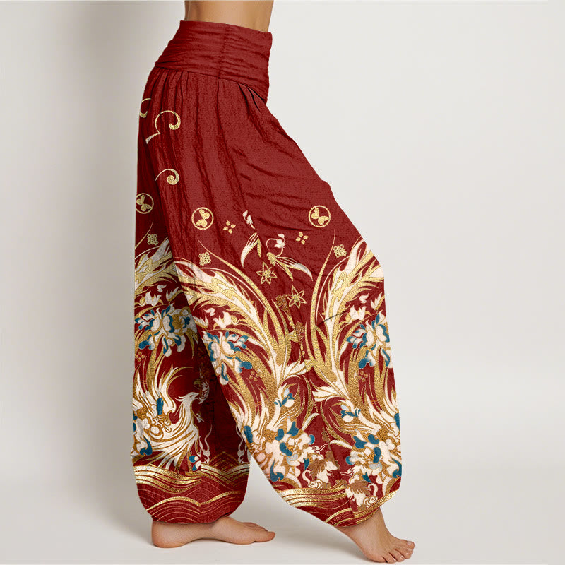 Buddha Stones コットン素材の鳳凰と蝶と花柄のレディース用ゴムウエストハーレムパンツ - image 7