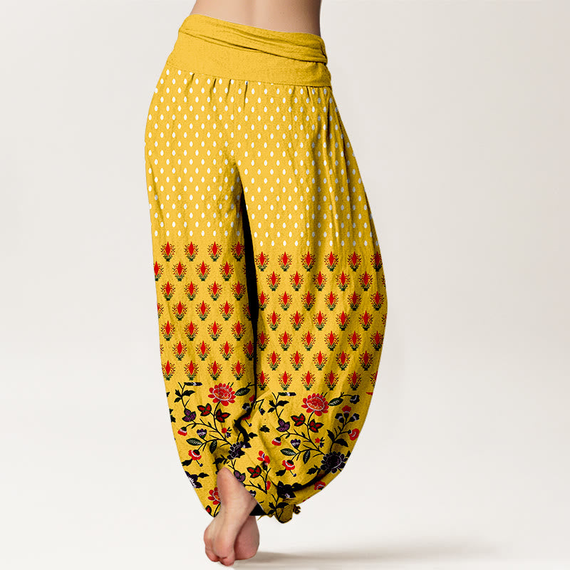Buddha Stones コットンドット柄の赤紫の花柄レディースゴムウエストハーレムパンツ - image 1