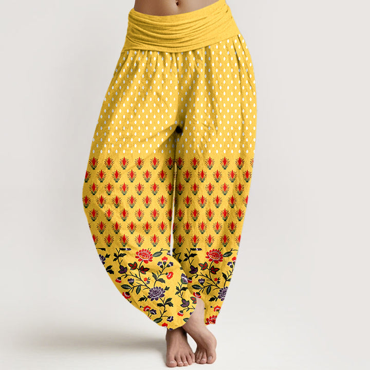 Buddha Stones コットンドット柄の赤紫の花柄レディースゴムウエストハーレムパンツ - 金 - US16、 UK/AU20、 EU48 (3XL) - image 0