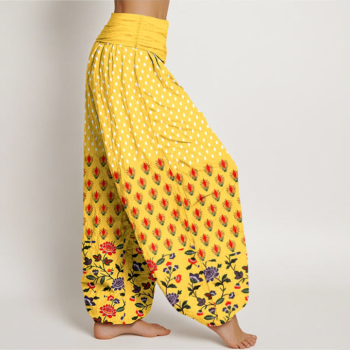 Buddha Stones コットンドット柄の赤紫の花柄レディースゴムウエストハーレムパンツ - image 2