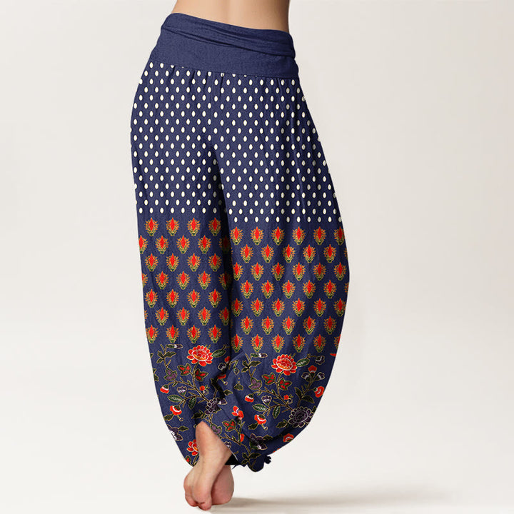Buddha Stones コットンドット柄の赤紫の花柄レディースゴムウエストハーレムパンツ - image 6