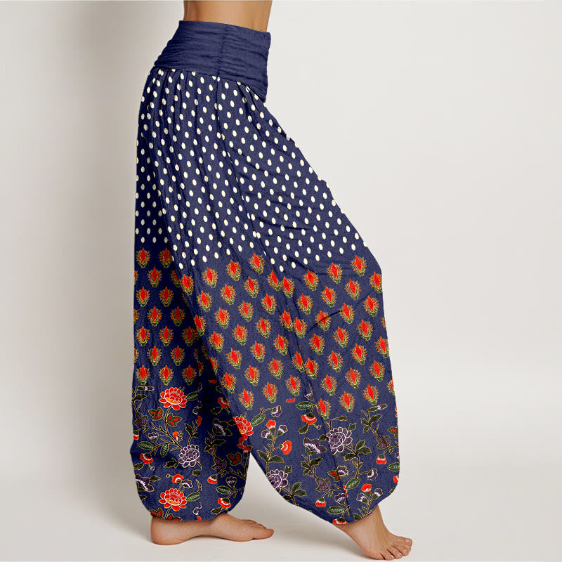 Buddha Stones コットンドット柄の赤紫の花柄レディースゴムウエストハーレムパンツ - image 7
