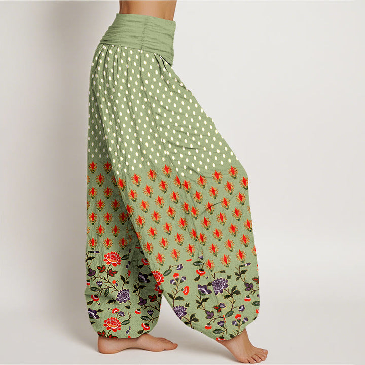 Buddha Stones コットンドット柄の赤紫の花柄レディースゴムウエストハーレムパンツ - image 10