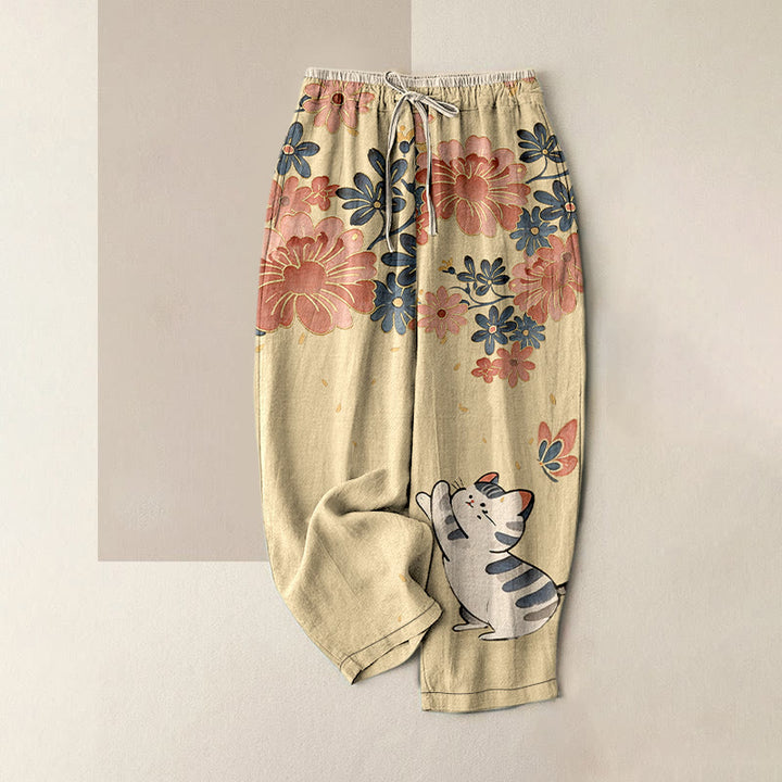 Buddha Stones 純綿素材、猫と蝶とピンクの花柄、ウエストゴム入り、ポケット付きレディースパンツ - ペールゴールデンロッド - US16、 UK/AU20、 EU48 (3XL) - image 4