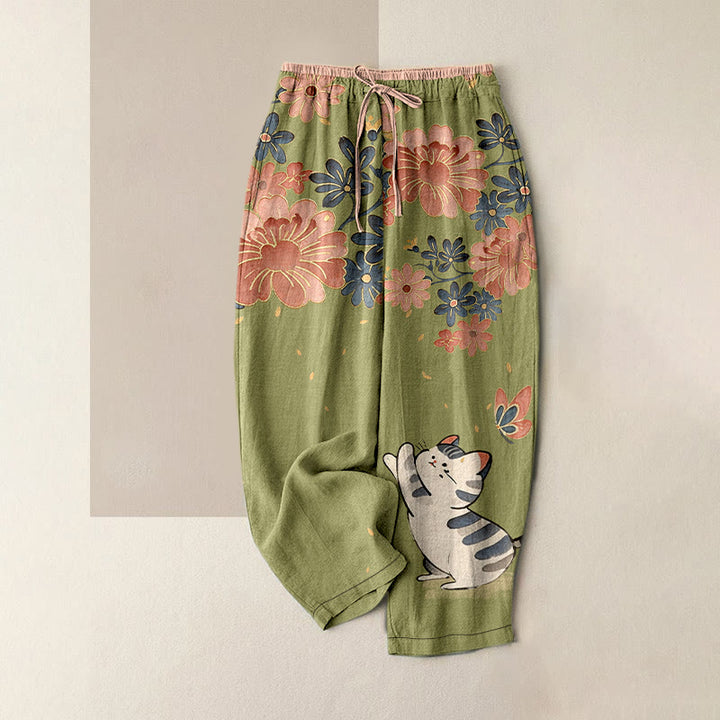 Buddha Stones 純綿素材、猫と蝶とピンクの花柄、ウエストゴム入り、ポケット付きレディースパンツ - オリーブドラブ - US16、 UK/AU20、 EU48 (3XL) - image 5