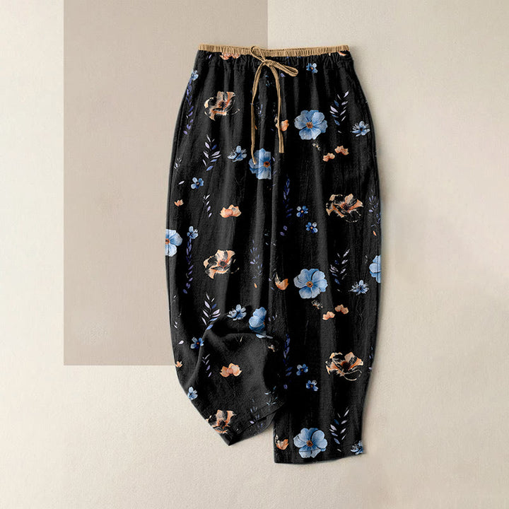 Buddha Stones ピュアコットン製、野花と桃の花柄、ウエストゴム入り、ポケット付きレディースパンツ - 黒 - US16、 UK/AU20、 EU48 (3XL) - image 8