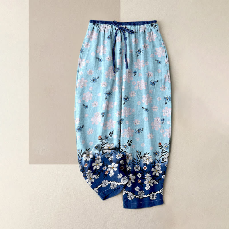 Buddha Stones 綿100％、デイジー柄、ウエストゴム、ポケット付きレディースパンツ - スカイブルー - US16、 UK/AU20、 EU48 (3XL) - image 0