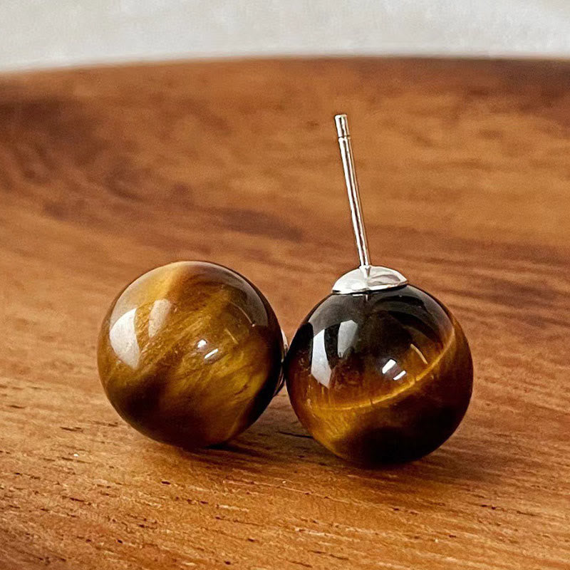Buddha Stones シンプルなタイガーアイのレトロなラウンド型スタッドピアス - 14mm タイガーアイ（925スターリングシルバーポスト） - image 0
