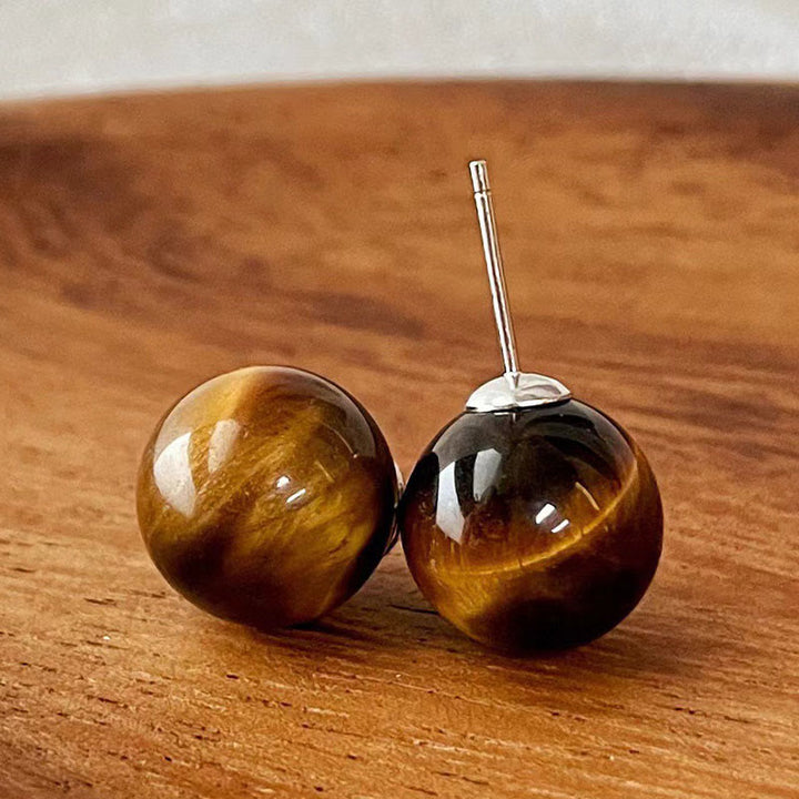 Buddha Stones シンプルなタイガーアイのレトロなラウンド型スタッドピアス - 14mm タイガーアイ（925スターリングシルバーポスト） - image 0