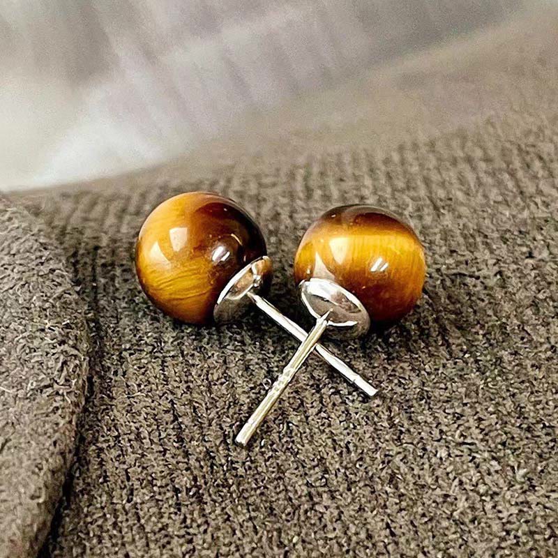 Buddha Stones シンプルなタイガーアイのレトロなラウンド型スタッドピアス - image 2