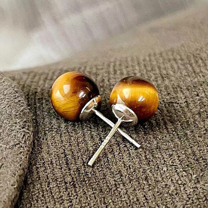 Buddha Stones シンプルなタイガーアイのレトロなラウンド型スタッドピアス - image 2