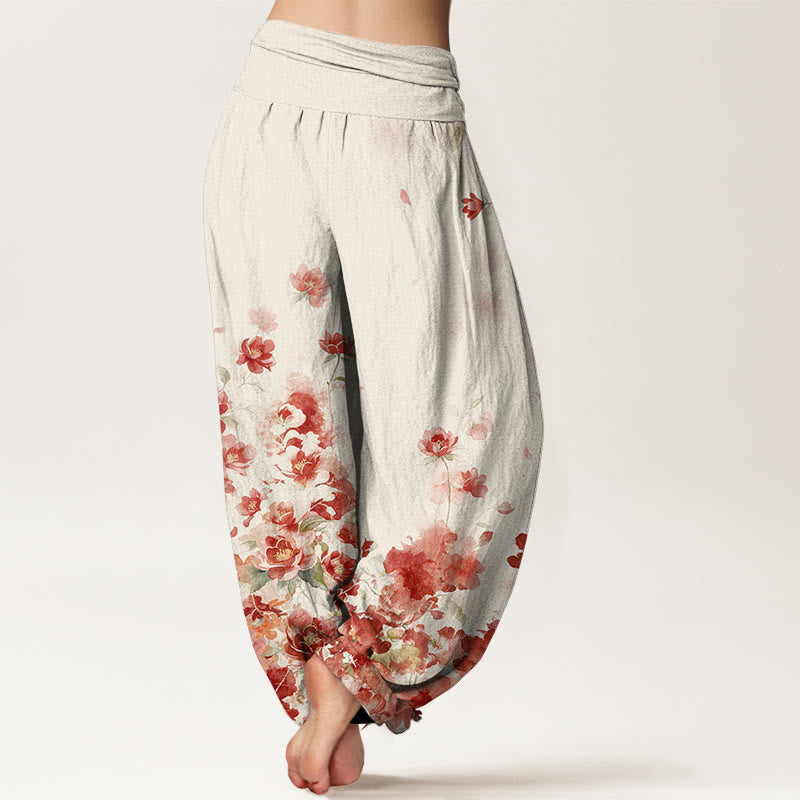 Buddha Stones コットン素材の椿と牡丹の花柄レディースゴムウエストハーレムパンツ - image 1