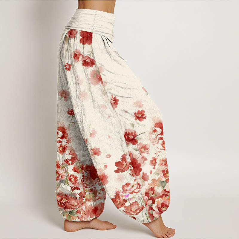 Buddha Stones コットン素材の椿と牡丹の花柄レディースゴムウエストハーレムパンツ - image 2