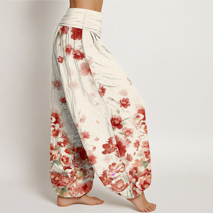 Buddha Stones コットン素材の椿と牡丹の花柄レディースゴムウエストハーレムパンツ - image 2
