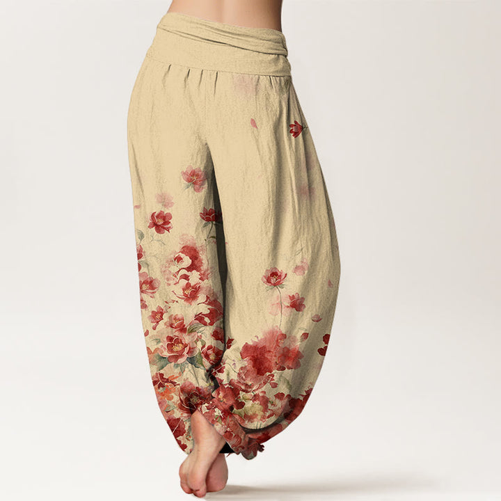 Buddha Stones コットン素材の椿と牡丹の花柄レディースゴムウエストハーレムパンツ - image 6