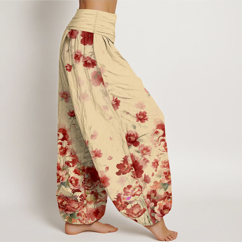Buddha Stones コットン素材の椿と牡丹の花柄レディースゴムウエストハーレムパンツ - image 7