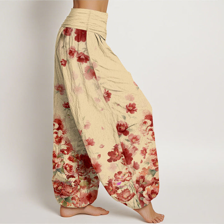 Buddha Stones コットン素材の椿と牡丹の花柄レディースゴムウエストハーレムパンツ - image 7