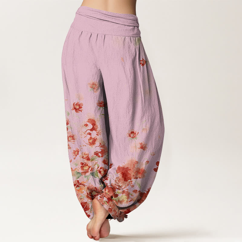 Buddha Stones コットン素材の椿と牡丹の花柄レディースゴムウエストハーレムパンツ - image 9