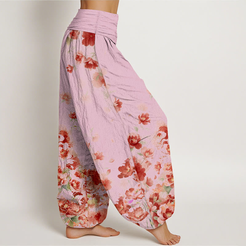 Buddha Stones コットン素材の椿と牡丹の花柄レディースゴムウエストハーレムパンツ - image 10