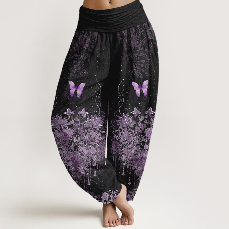 Buddha Stones コットン素材の蝶と花柄柄レディースゴムウエストハーレムパンツ - 黒 - US16、 UK/AU20、 EU48 (3XL) - image 0