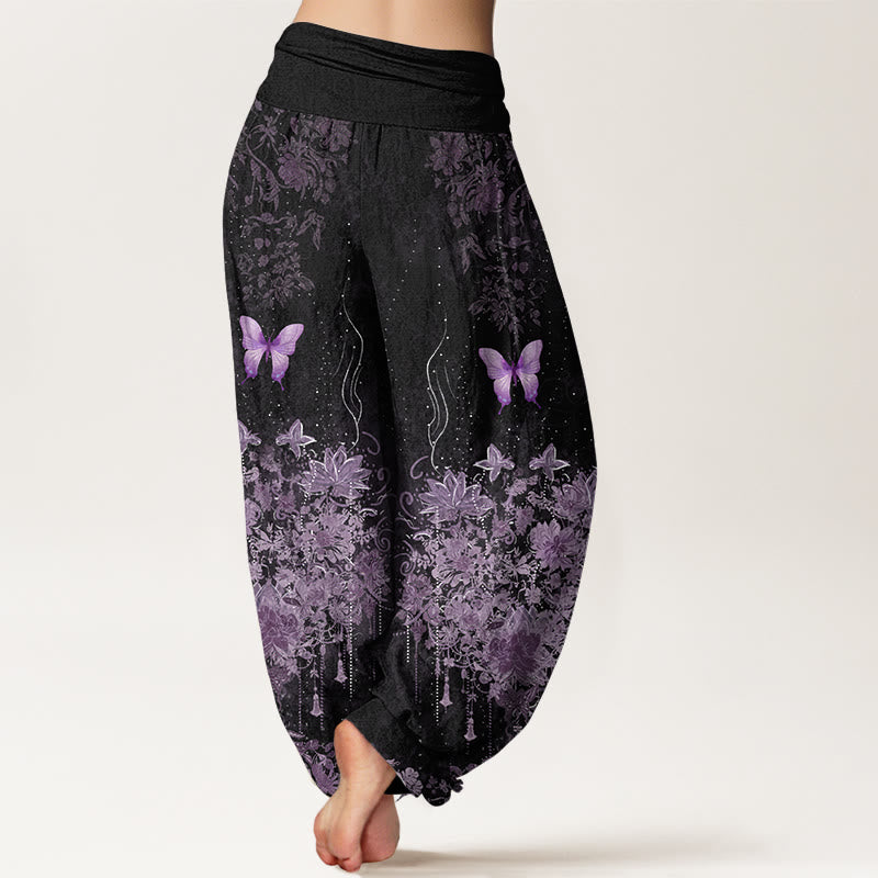 Buddha Stones コットン素材の蝶と花柄柄レディースゴムウエストハーレムパンツ - image 1