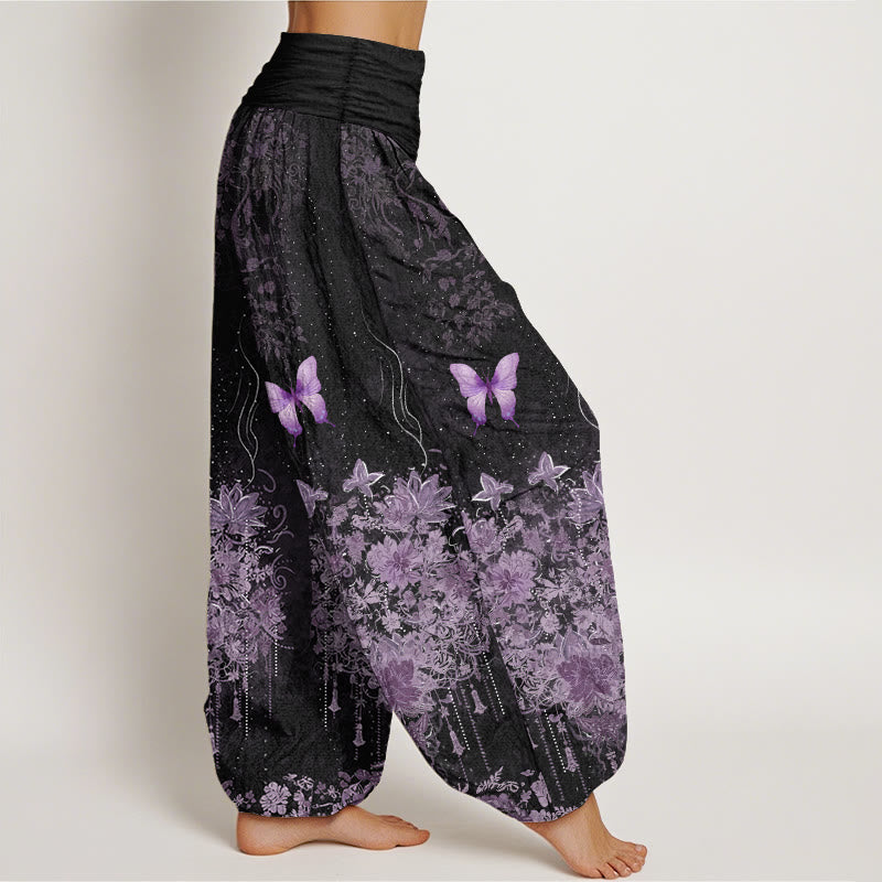 Buddha Stones コットン素材の蝶と花柄柄レディースゴムウエストハーレムパンツ - image 2