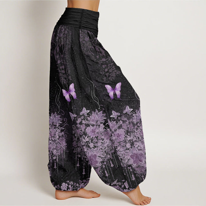 Buddha Stones コットン素材の蝶と花柄柄レディースゴムウエストハーレムパンツ - image 2