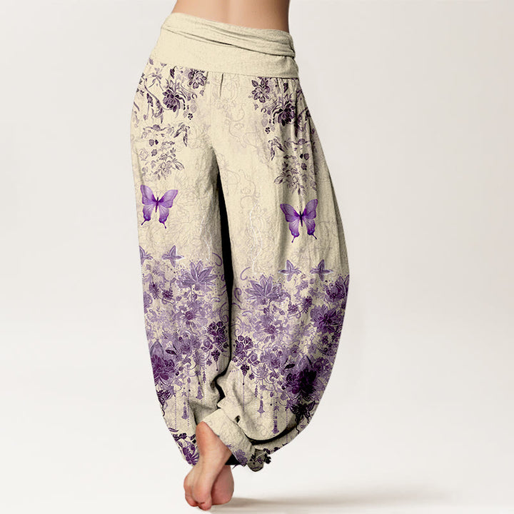 Buddha Stones コットン素材の蝶と花柄柄レディースゴムウエストハーレムパンツ - image 6