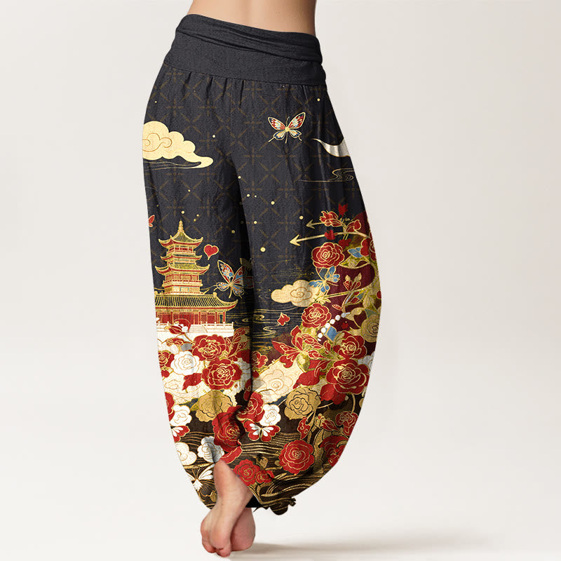 Buddha Stones コットン素材の蝶々、バラ、パゴダ、ハート柄のレディース用ゴムウエストハーレムパンツ - image 1