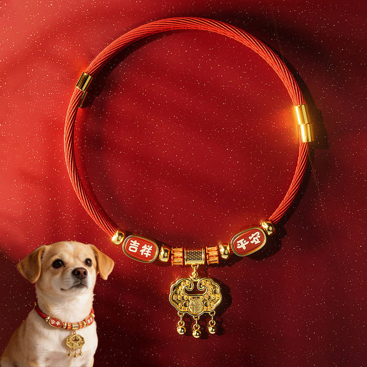 Buddha Stones 赤紐ビーズの福の文字入り調節可能な猫犬用ペット首輪 - image 2