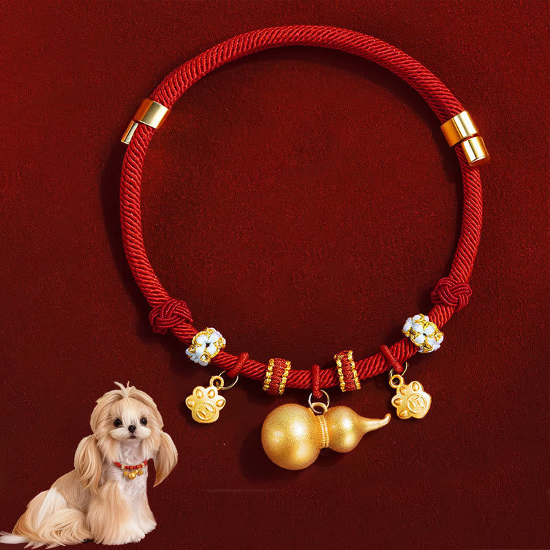 Buddha Stones 赤紐ビーズコンパスひょうたん保護調節可能猫犬ペット用首輪 - ひょうたん - 20～50cm - image 1