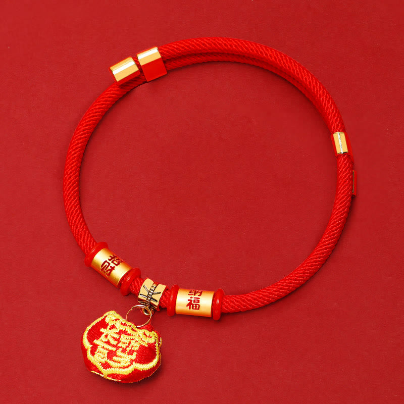 Buddha Stones 赤紐で編まれた刺繍の虎のフー文字の保護用調節可能な猫犬用ペット首輪 - ラッキー幸運繁栄如意錠 - 26～44cm - image 8
