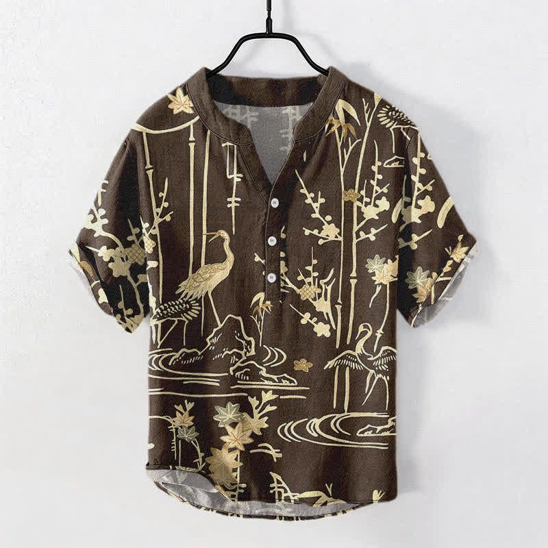 Buddha Stones コットン クレーン バンブー 花柄 メンズ 半袖 ハーフボタンシャツ - サドルブラウン - US/UK/AU50、EU60（5XL） - image 5