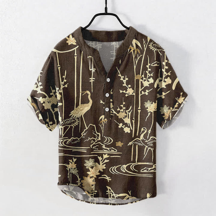 Buddha Stones コットン クレーン バンブー 花柄 メンズ 半袖 ハーフボタンシャツ - サドルブラウン - US/UK/AU50、EU60（5XL） - image 5