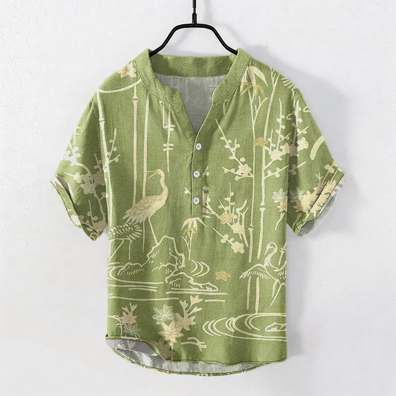 Buddha Stones コットン クレーン バンブー 花柄 メンズ 半袖 ハーフボタンシャツ - 黄緑 - US/UK/AU50、EU60（5XL） - image 7