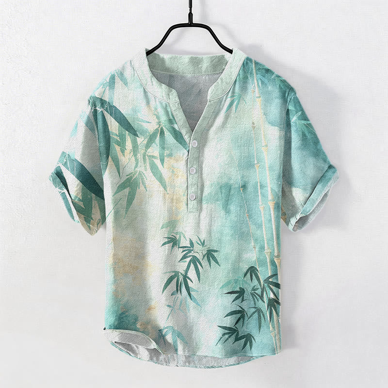 Buddha Stones 綿素材の竹柄メンズ半袖ハーフボタンシャツ - ミディアムターコイズ - US/UK/AU50、EU60（5XL） - image 4