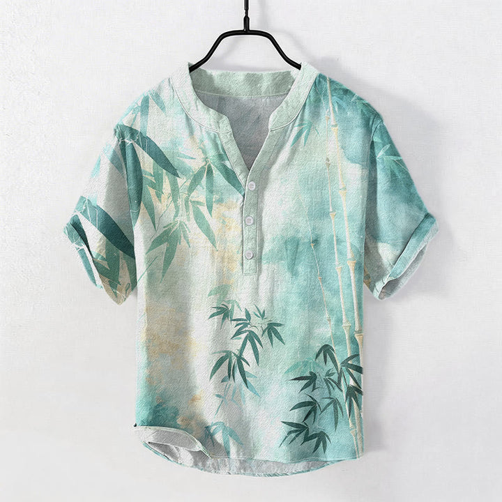 Buddha Stones 綿素材の竹柄メンズ半袖ハーフボタンシャツ - ミディアムターコイズ - US/UK/AU50、EU60（5XL） - image 4