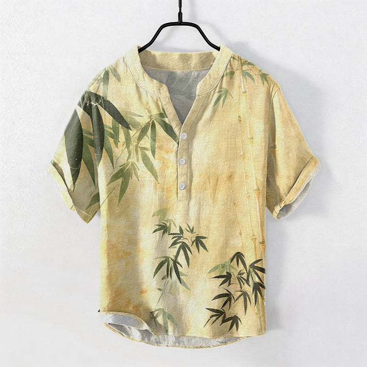 Buddha Stones 綿素材の竹柄メンズ半袖ハーフボタンシャツ - カーキ - US/UK/AU50、EU60（5XL） - image 6