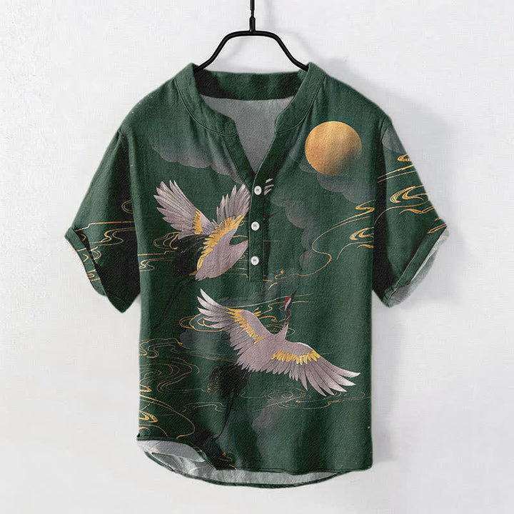 Buddha Stones 綿素材の満月鶴柄メンズ半袖ハーフボタンシャツ - シーグリーン - US/UK/AU50、EU60（5XL） - image 5