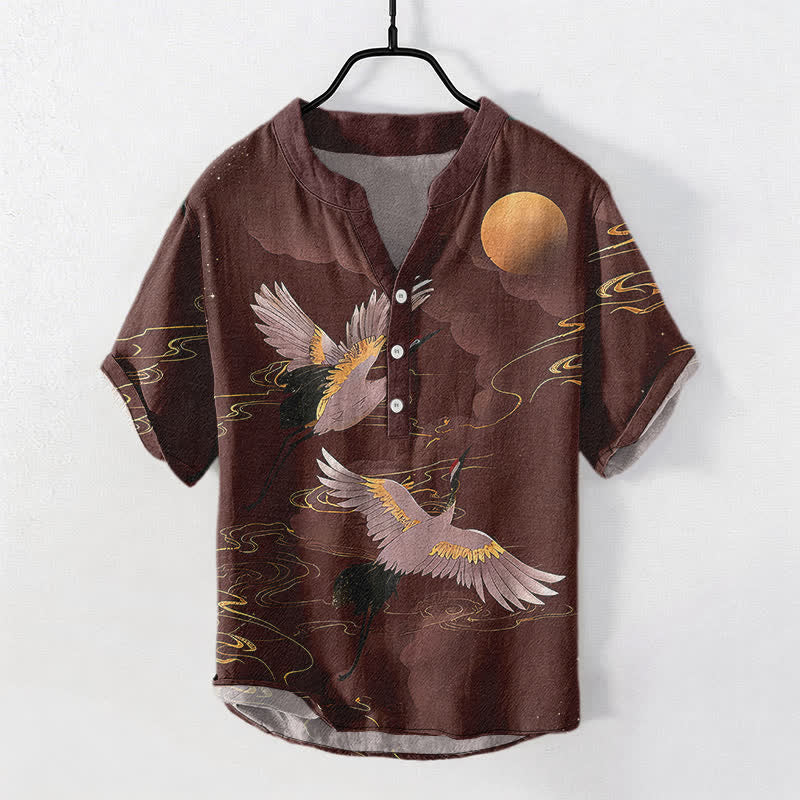 Buddha Stones 綿素材の満月鶴柄メンズ半袖ハーフボタンシャツ - 茶色 - US/UK/AU50、EU60（5XL） - image 7
