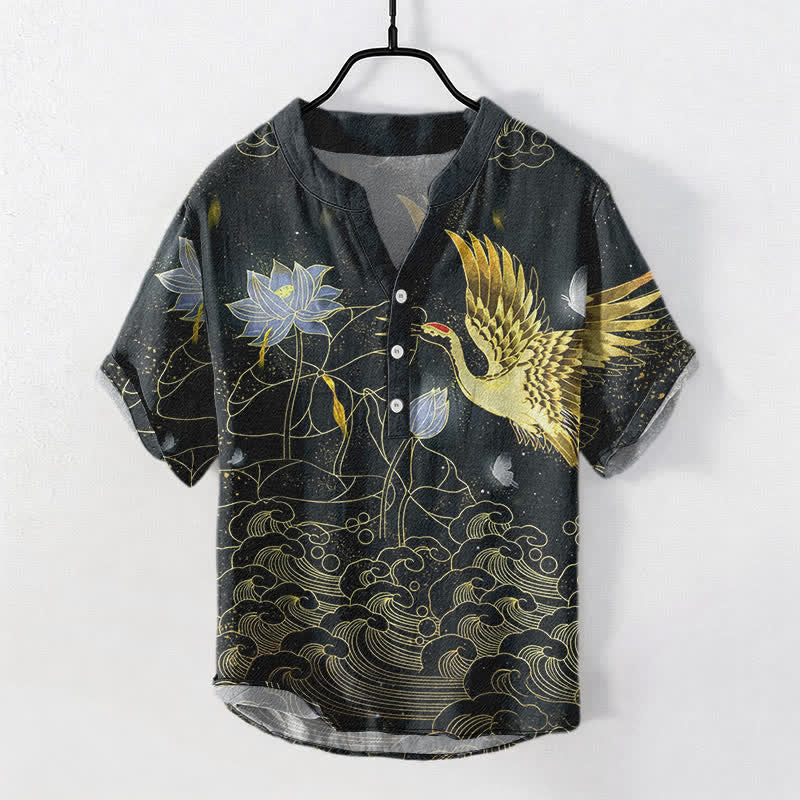 Buddha Stones 綿素材の鶴と波と蓮と雲の模様のメンズ半袖ハーフボタンシャツ - 黒 - US/UK/AU50、EU60（5XL） - image 0