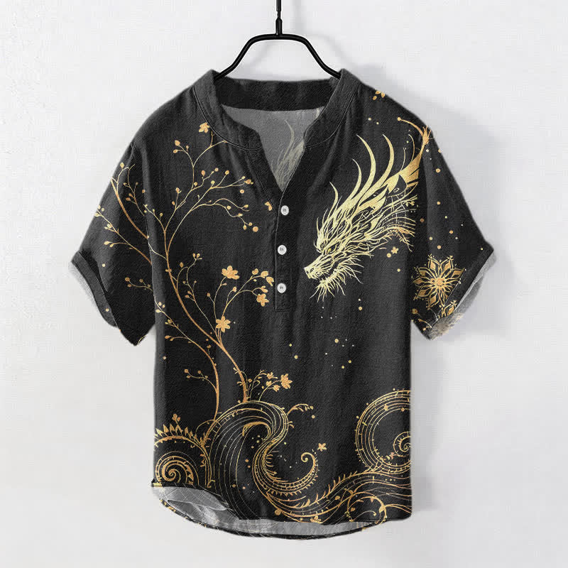 Buddha Stones コットン素材の波模様の龍と花柄メンズ半袖ハーフボタンシャツ - 黒 - US/UK/AU50、EU60（5XL） - image 0