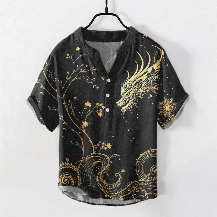 Buddha Stones コットン素材の波模様の龍と花柄メンズ半袖ハーフボタンシャツ - 黒 - US/UK/AU50、EU60（5XL） - image 0