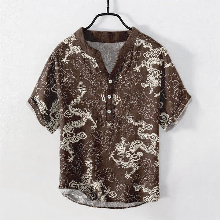 Buddha Stones コットン製 ドラゴンロータス柄 メンズ 半袖 ハーフボタンシャツ - サドルブラウン - US/UK/AU50、EU60（5XL） - image 5