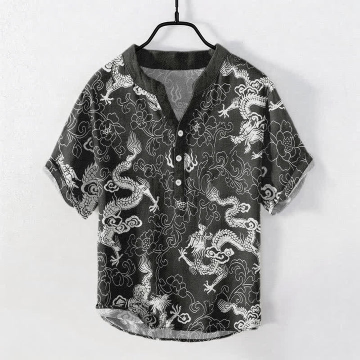 Buddha Stones コットン製 ドラゴンロータス柄 メンズ 半袖 ハーフボタンシャツ - 黒 - US/UK/AU50、EU60（5XL） - image 7
