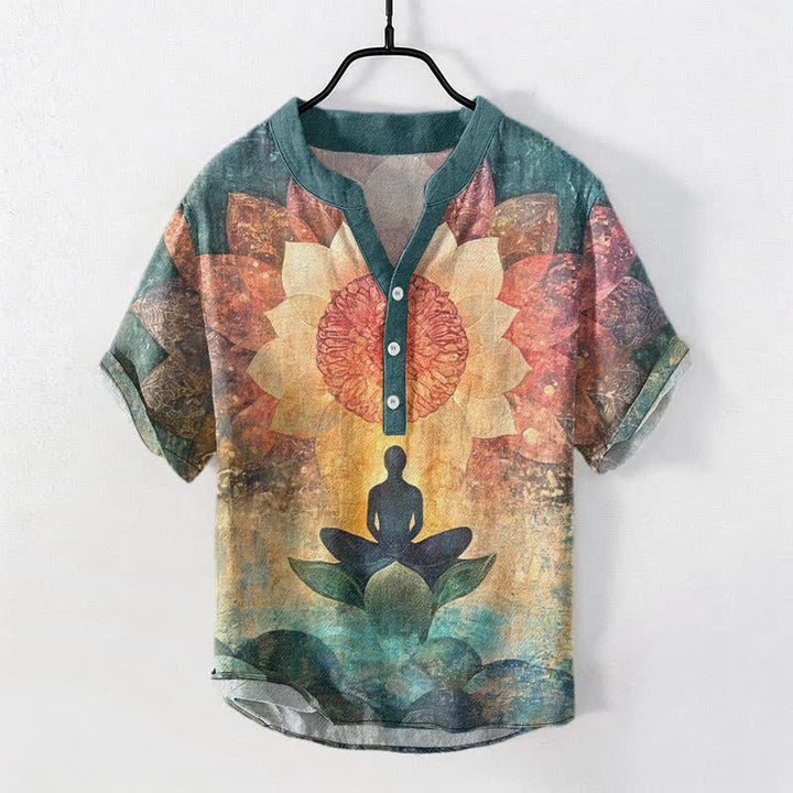 Buddha Stones コットン製蓮の瞑想像柄メンズ半袖ハーフボタンシャツ - ライトシーグリーン - US/UK/AU50、EU60（5XL） - image 7